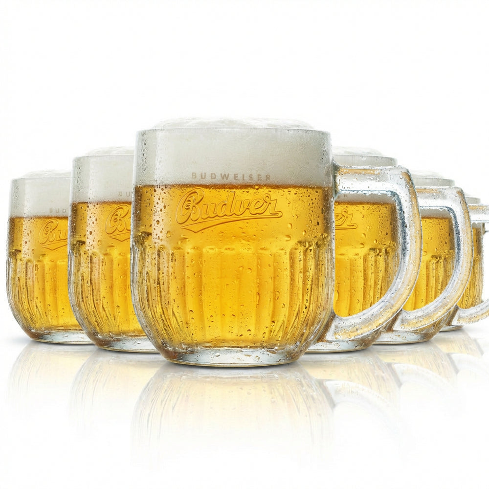 6 bicchieri Budweiser da 0,3 l con rilievo e contorno, Budvar, Repubblica Ceca, Seidel