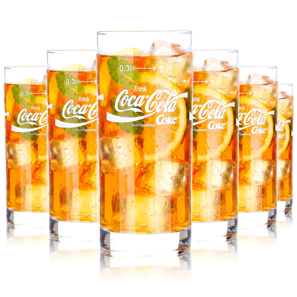 6 bicchieri da 0,3 l per bibite Coca-Cola, con logo Coke bianco, con caffeina