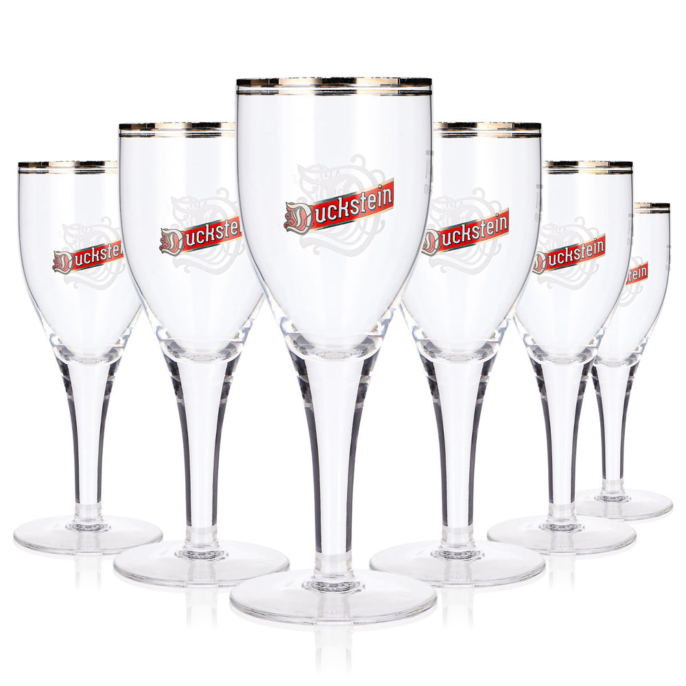 6 bicchieri da birra Duckstein da 0,2 l, forma a tulipano, bordo argentato, logo rosso (set da 6)