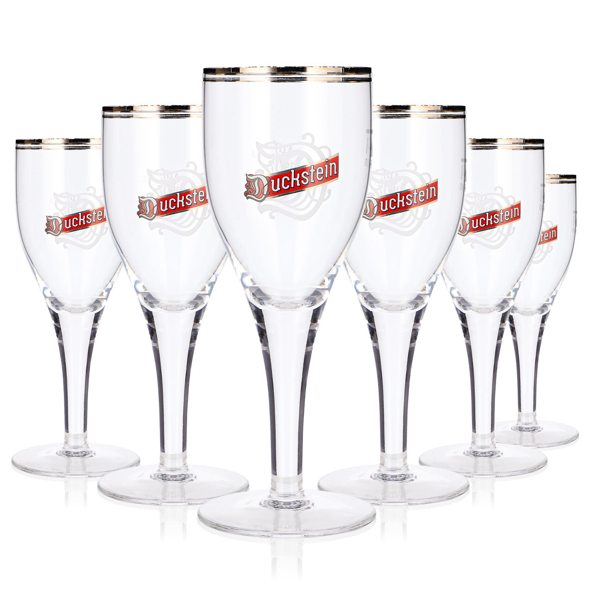 6 bicchieri da birra Duckstein da 0,2 l, forma a tulipano, bordo argentato, logo rosso (set da 6)