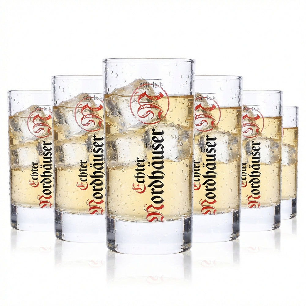 6 bicchierini da liquore Echter Nordhäuser Korn Stamper 4 cl con logo verticale IDY