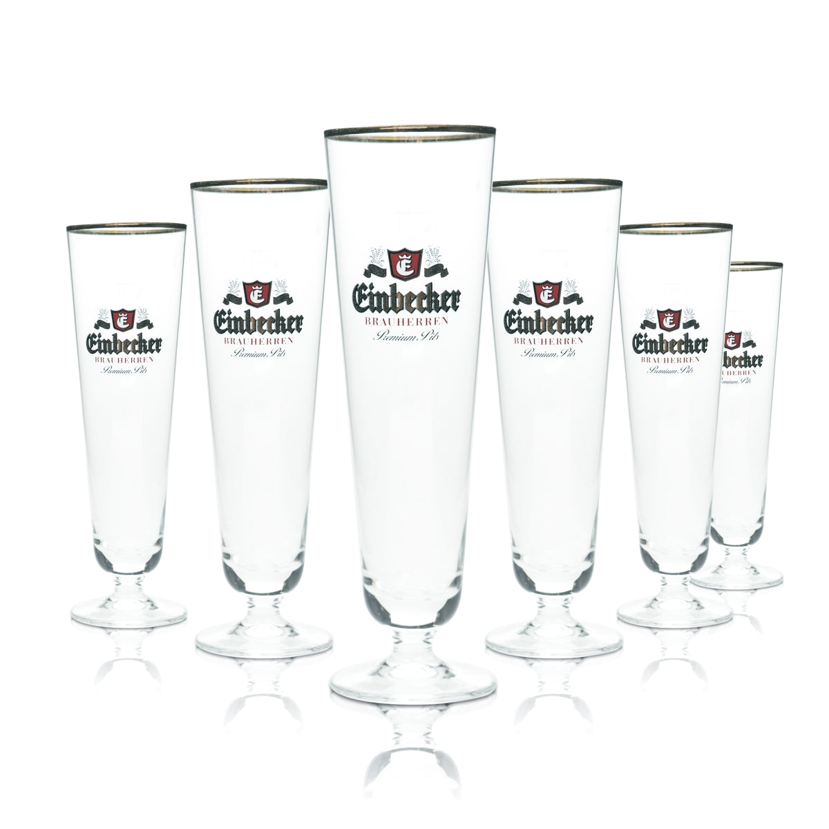 6 bicchieri da birra Einbecker 0,3 l a forma di coppa con bordo dorato e stelo, bicchieri da birra Pils per birrai
