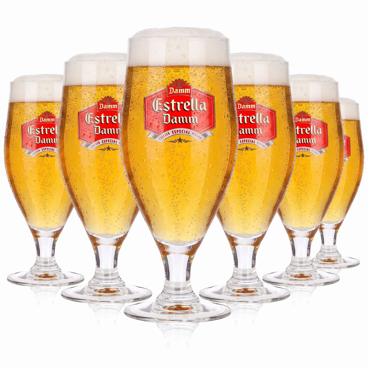 6 bicchieri da birra Estrella Damm da 0,25 l, modello a coppa, Cerveza Especial Pilsen, logo rosso