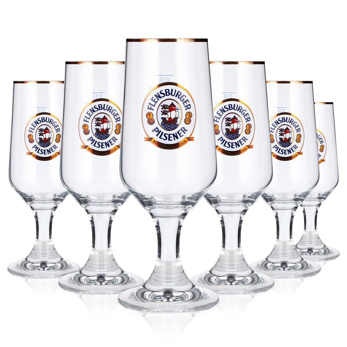 6 bicchieri da birra Flensburger da 0,3 l, forma a tulipano, con logo dorato e coppa Ritzenhoff