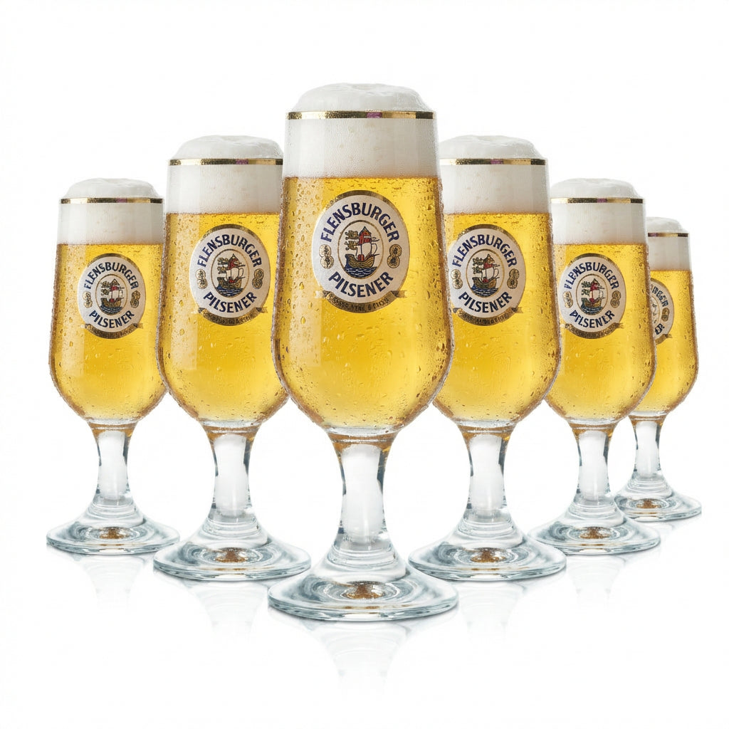 6 bicchieri Flensburger da 0,3 l a forma di tulipano con bordo dorato, calibrati, per uso gastronomico, birra Pils