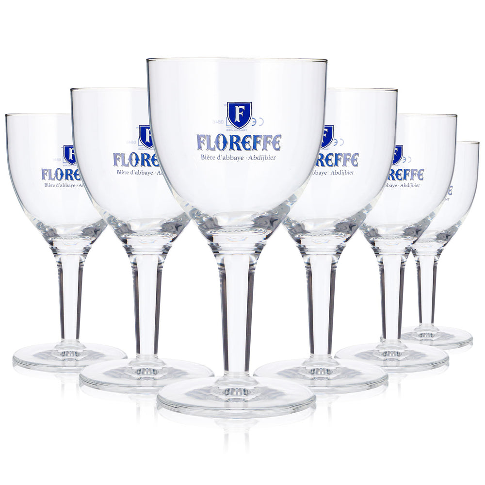 6 bicchieri da birra Floreffe da 0,25 l, a forma di coppa, con logo blu "Biere d'abbaye" (set da 6)