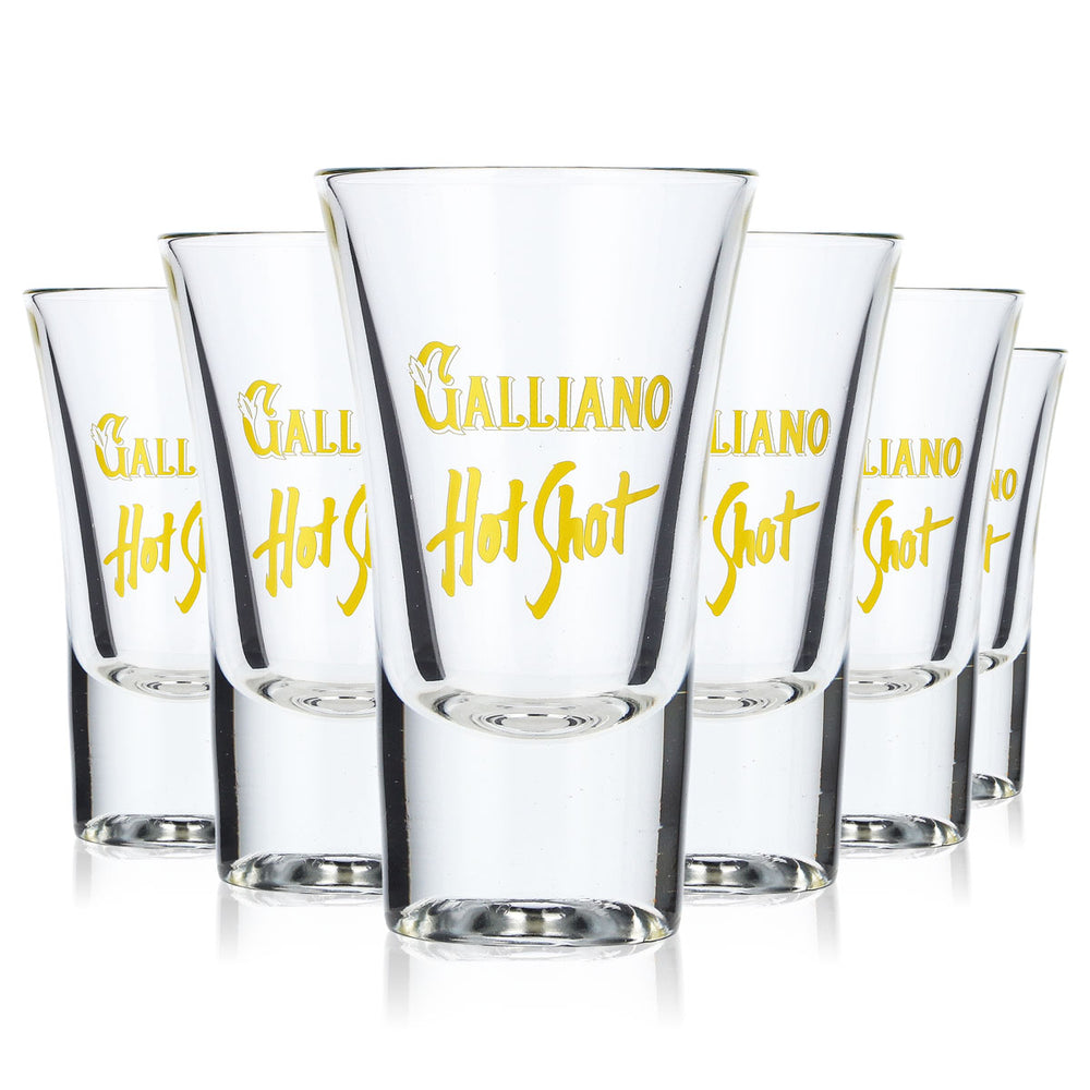 6 bicchierini da liquore Galliano con scritta gialla "Hot Shot"
