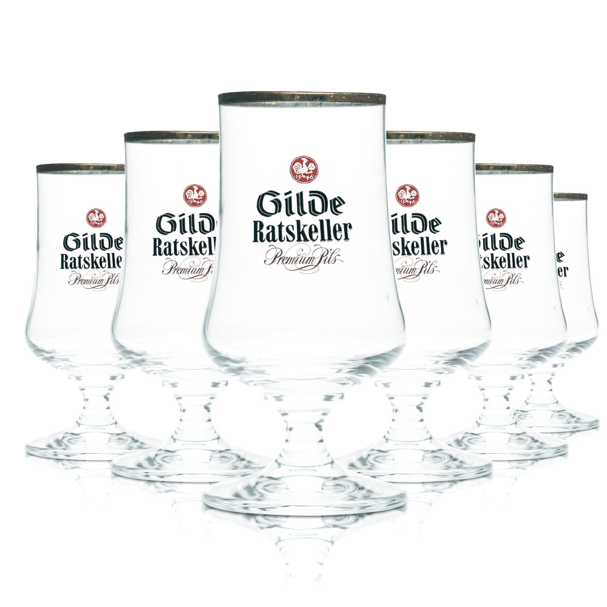 6 bicchieri da birra Gilden Pilsener 0,2 l, forma a tulipano, Ratskeller Pils, bordo dorato
