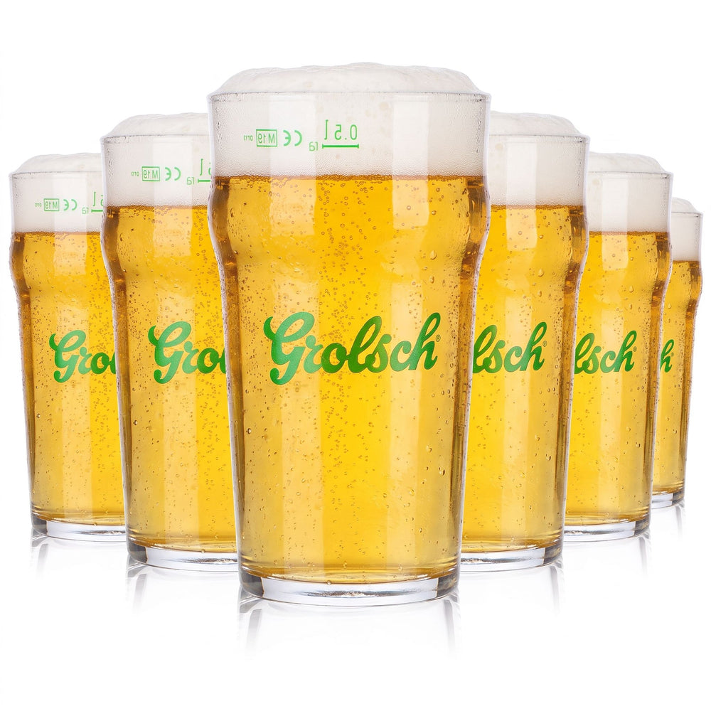 6 bicchieri da birra Grolsch da 0,5 l, in vetro sagomato con logo verde Rastal