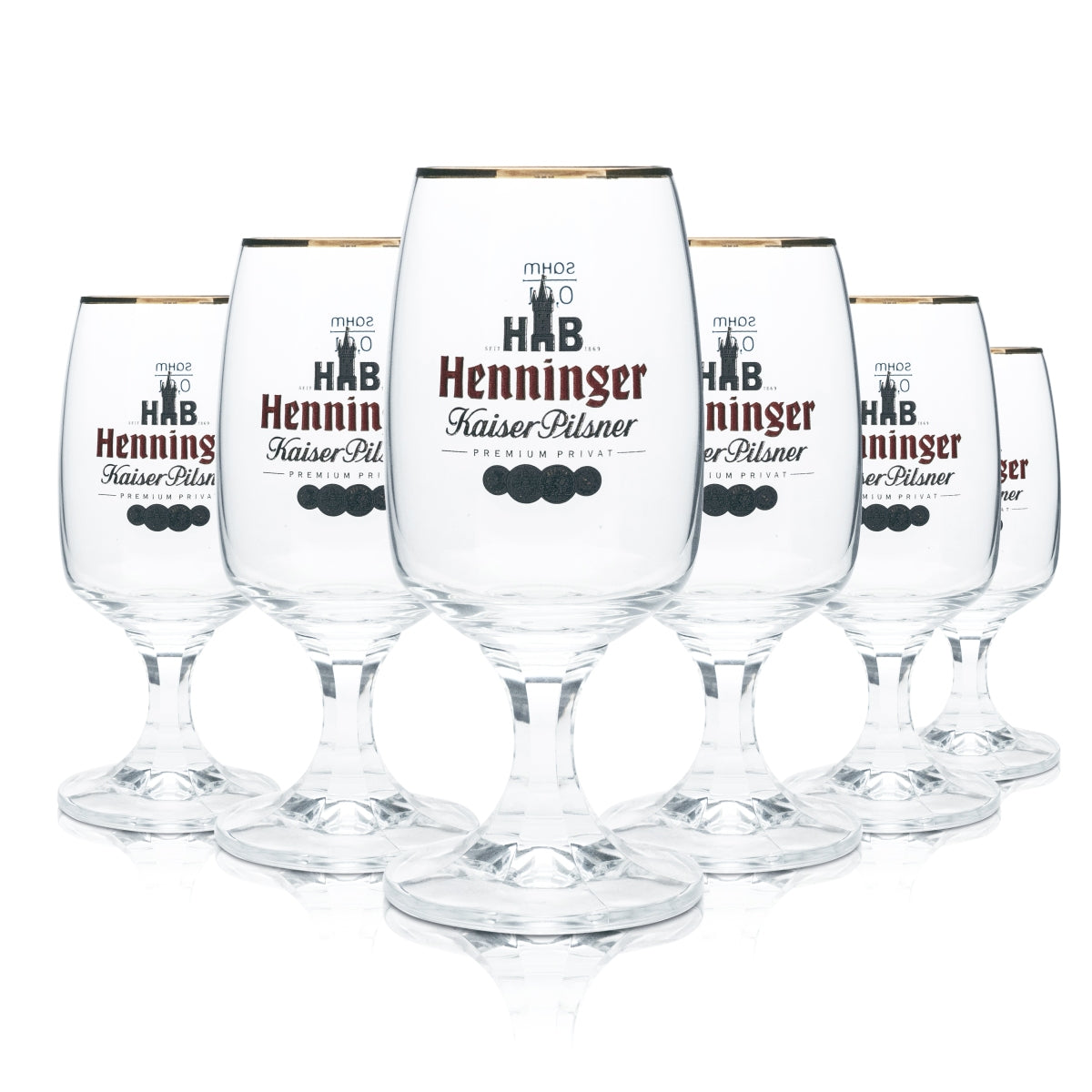 6 bicchieri da birra Henninger 0,3 l a forma di coppa con bordo bronzo Kaiser Pils Gastro Bar
