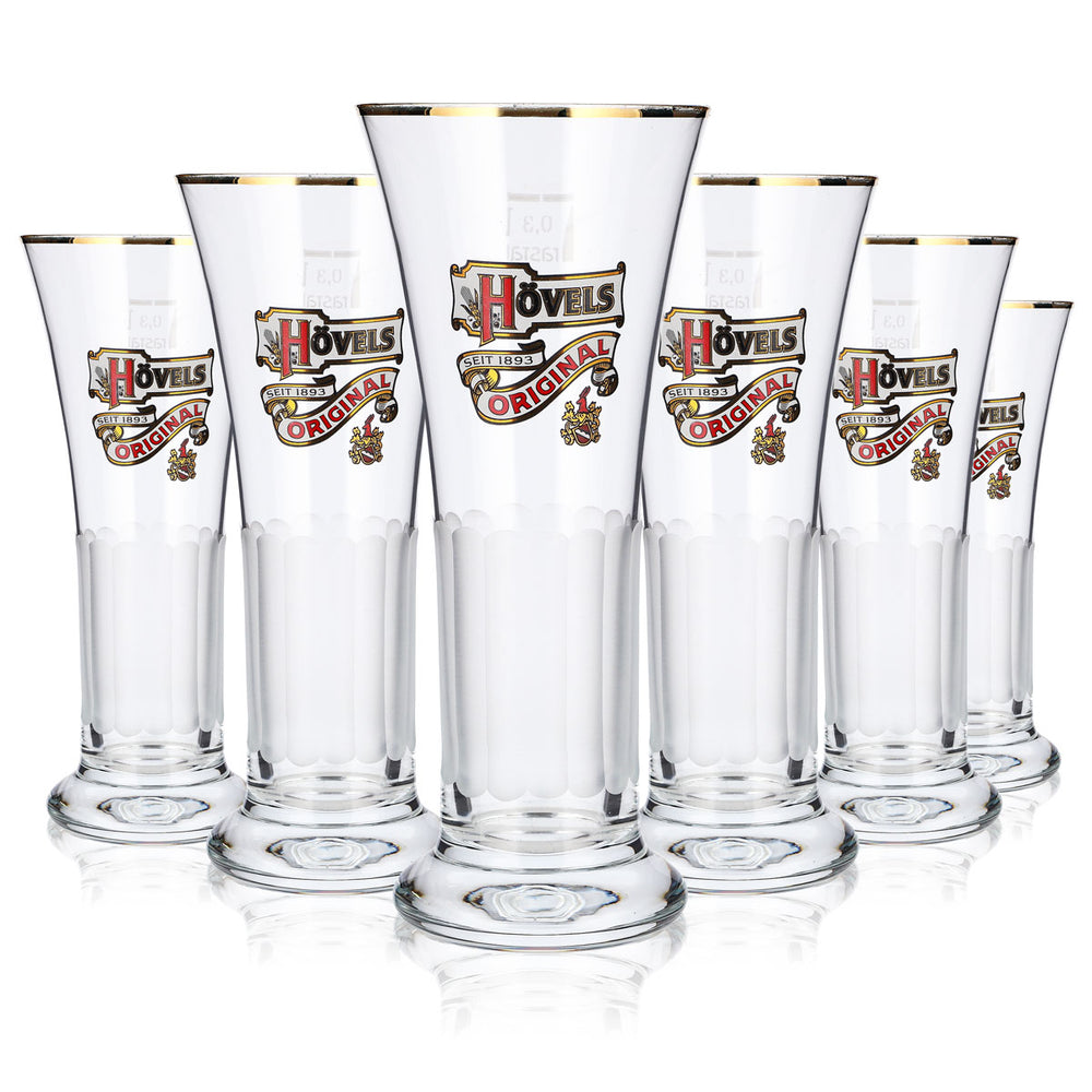 6 bicchieri da birra Hövels da 0,3 l, a forma di coppa, con bordo dorato, in rilievo e effetto smerigliato