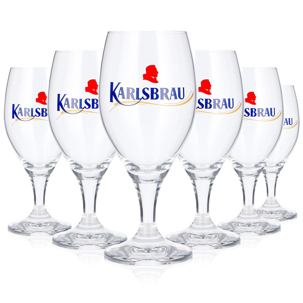 6 bicchieri da birra Karlsberg da 0,25 l, modello "Pokal", Karlsbrau, con scritta blu (set da 6)