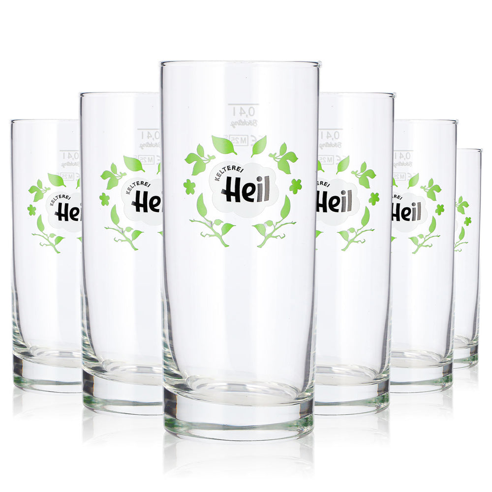 6 bicchieri da sidro "Heil" da 0,4 l, modello longdrink, con logo verde a motivi vegetali (set da 6)