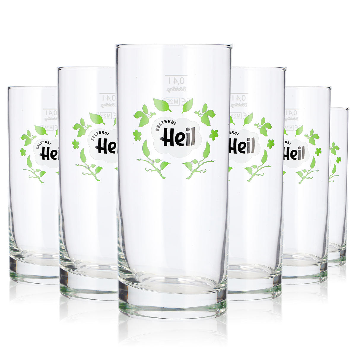 6 bicchieri da sidro "Heil" da 0,4 l, modello longdrink, con logo verde a motivi vegetali (set da 6)