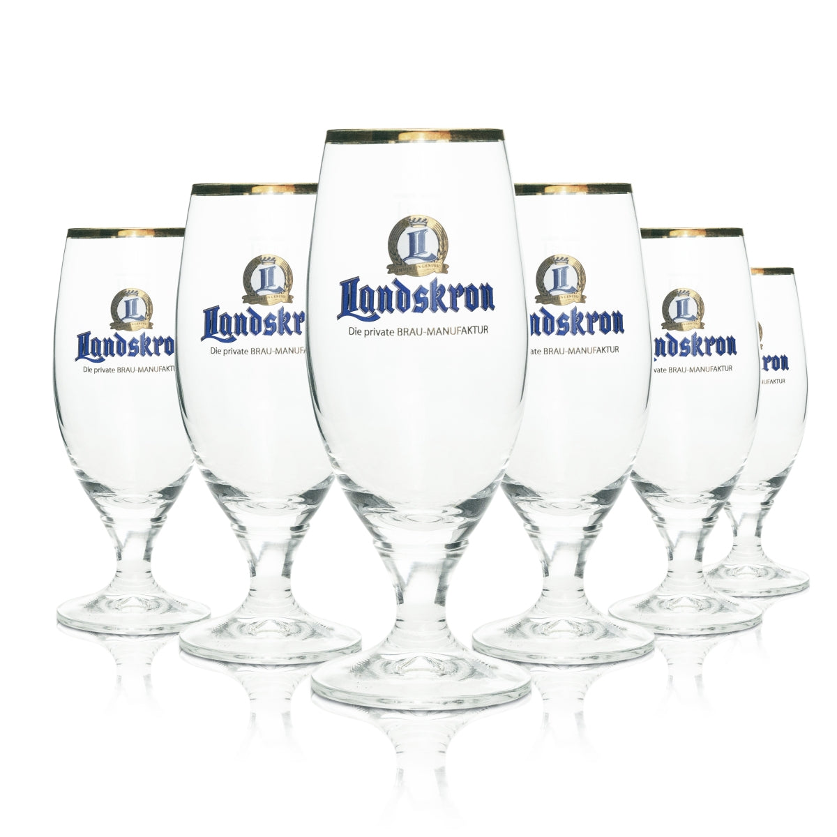 6 bicchieri da birra Landskron 0,25 l con logo blu e oro e bordo dorato