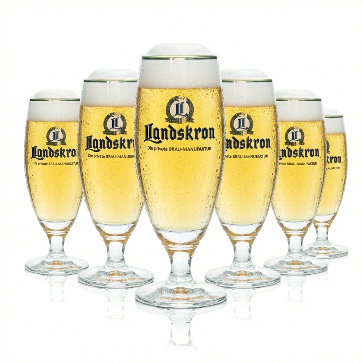 6 bicchieri da birra Landskron 0,4 l con bordo dorato, forma tulipano e stelo Rastal, birrificio