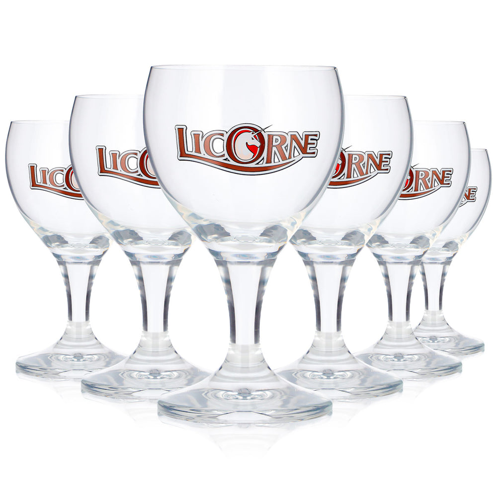 6 bicchieri da birra Licorne Noel da 0,125 l, a forma di coppa, con logo unicorno e scritta in marrone (set da 6)