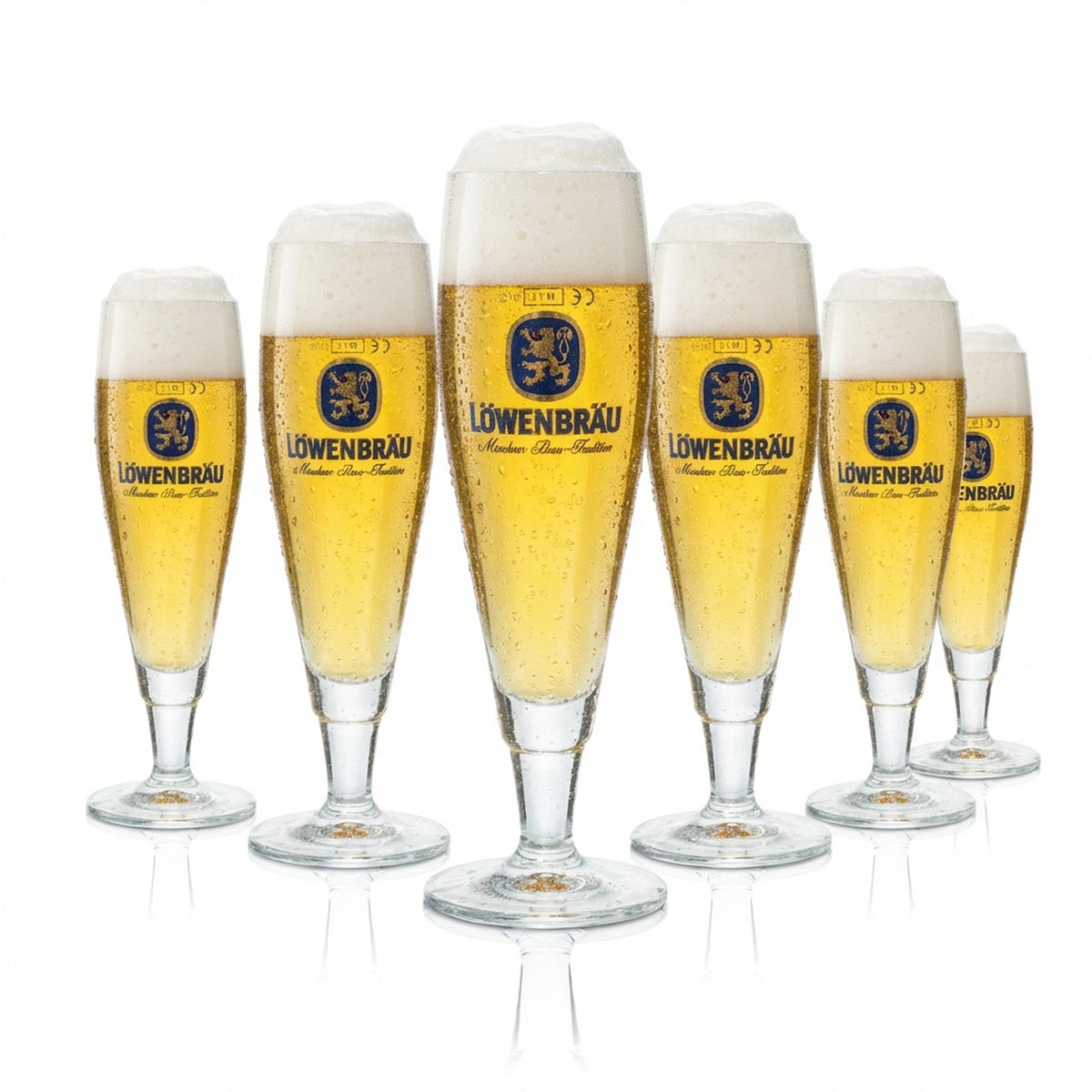 6 bicchieri da birra Löwenbräu 0,2 l, forma a tulipano, con incisione Ritzenhoff, birrificio Müncher Brauerei Beer