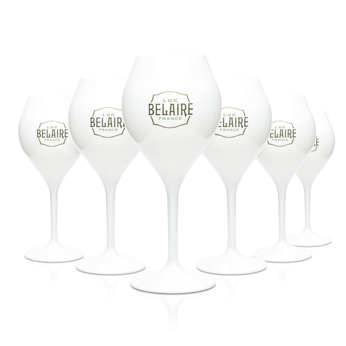 6 bicchieri in plastica Luc Belaire da 0,2 l, forma a flauto, bianchi, per spumante, da campeggio