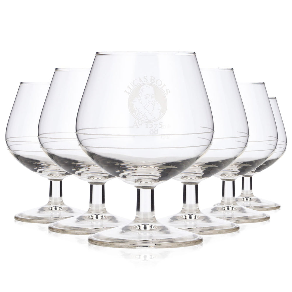 6 bicchieri da liquore Lucas Bols da 2 cl + bicchieri da birra Böckling a forma di tulipano da 4 cl con logo bianco