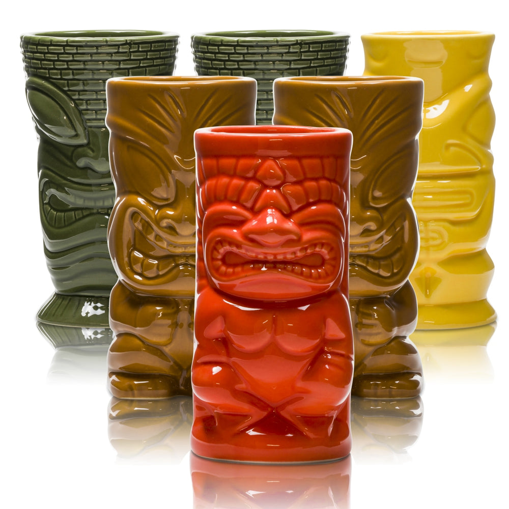6x bicchieri da rum Mahiki in ceramica colorata 2 verdi + 2 marroni + 1 rosso + 1 giallo