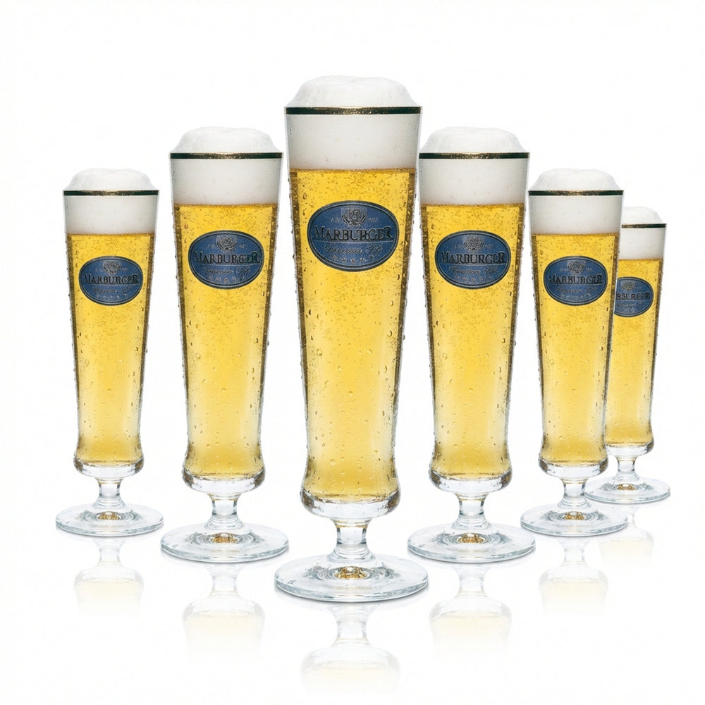 6 bicchieri Marburger in vetro da 0,2 l a forma di calice con bordo dorato, birra, birrificio, calibrati, per uso gastronomico
