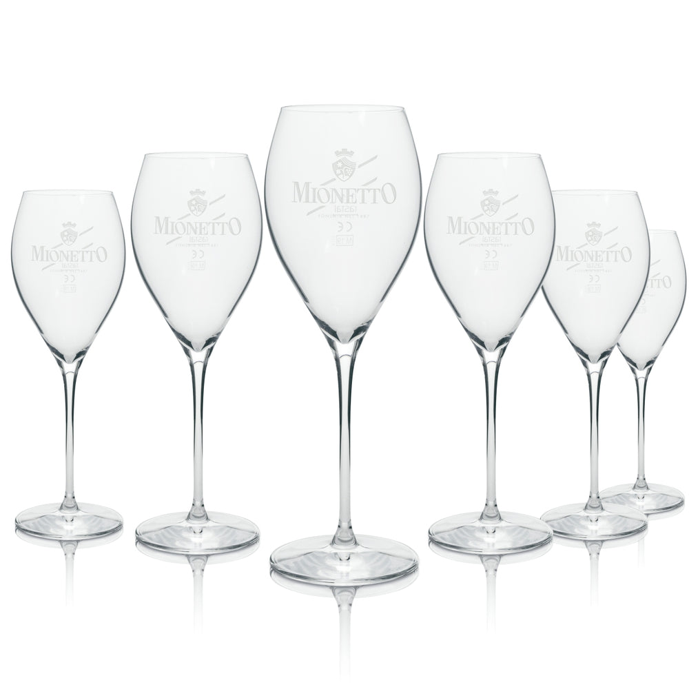 6 bicchieri da prosecco Mionetto con logo bianco 280 ml rastal