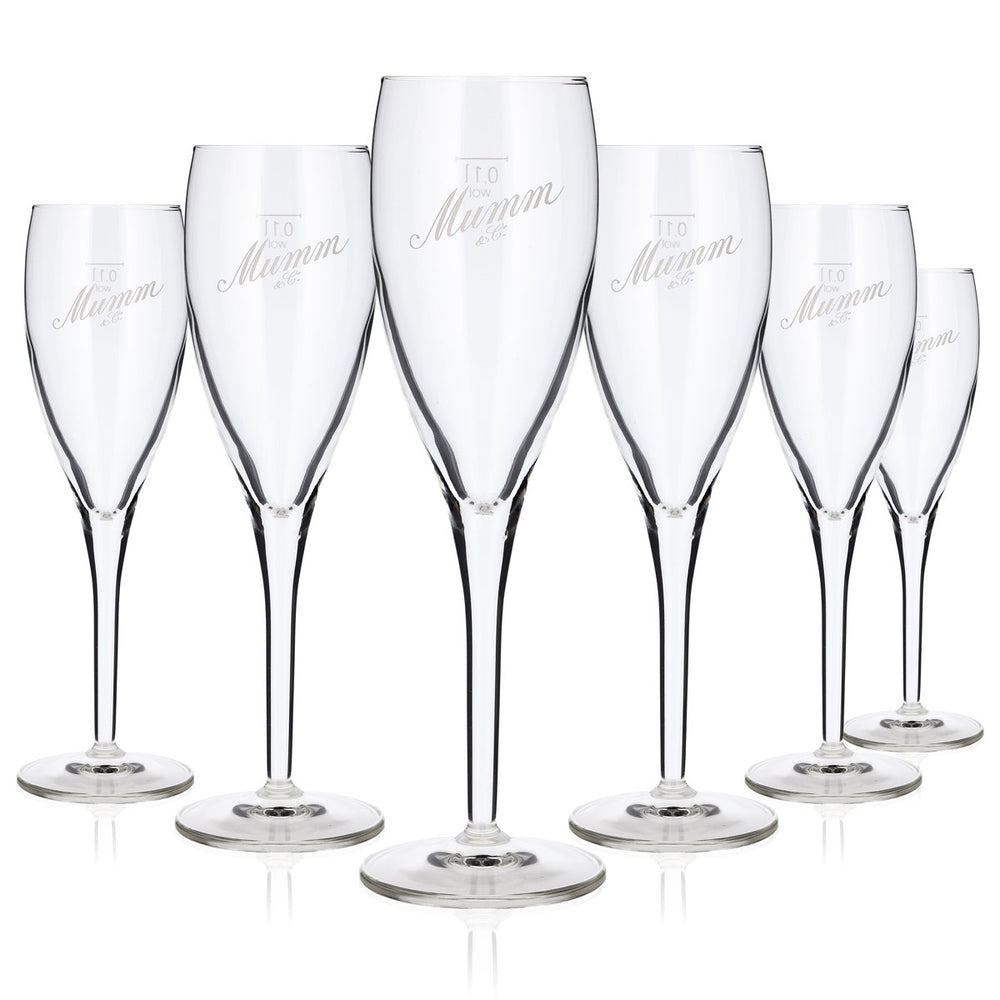 6 bicchieri da champagne Mumm, modello a flauto, 0,1 l, con logo Mumm&Co bianco in obliquo (set da 6)