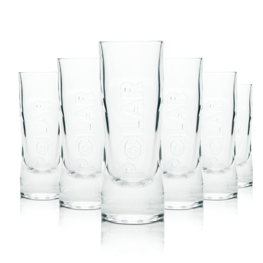 6 bicchieri da shot Polar Glass da 4 cl con bordo rialzato, forma corta, frutta rossa, lime e frutto della passione