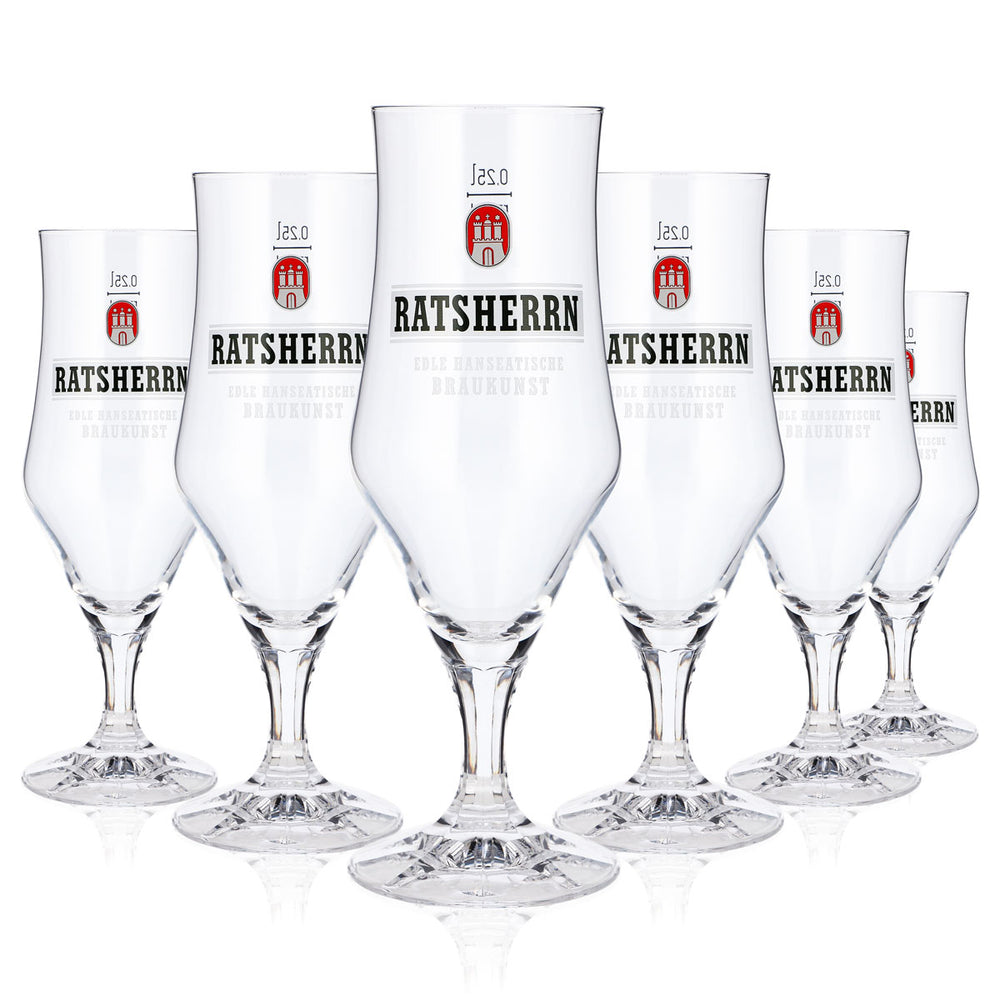 6 bicchieri da birra "Ratsherrn" da 0,25 l, a calice, con logo bianco "Rastal" (set da 6)