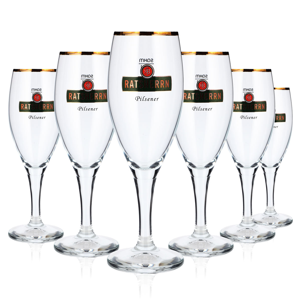 6 bicchieri da birra "Ratsherrn" da 0,2 l, a calice, per Pilsener, con logo verde e bordo dorato (set da 6)