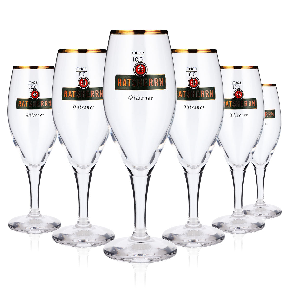 6 bicchieri da birra "Ratsherrn" da 0,3 l, a calice, con logo verde e bordo dorato "Pilsener" (set da 6)