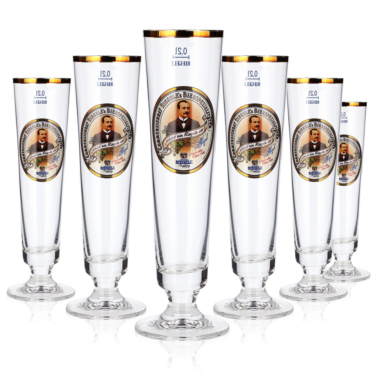6 bicchieri da birra Riegele da 0,2 l, a forma di coppa, con ritratto sul logo rc