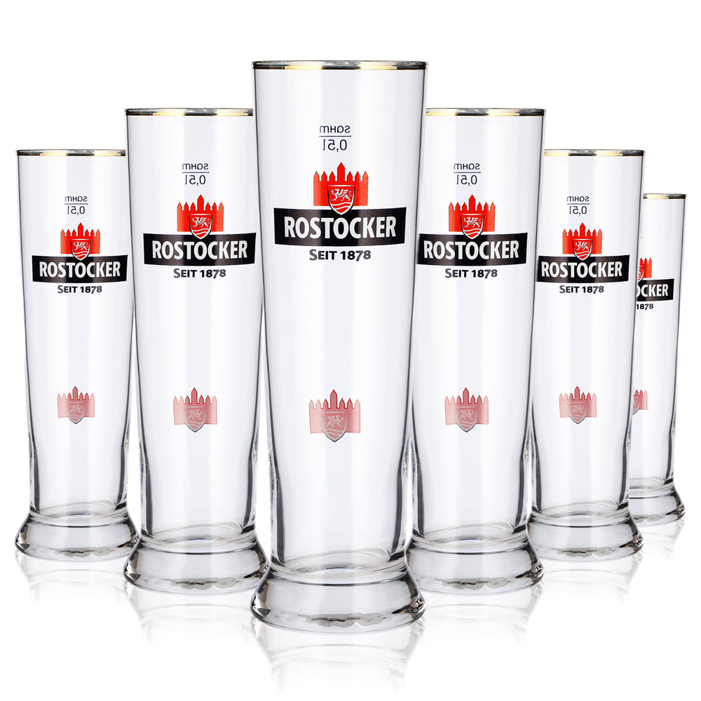 6 bicchieri da birra Rostocker da 0,5 l, a forma di coppa, con logo rosso del castello e bordo dorato, color crema
