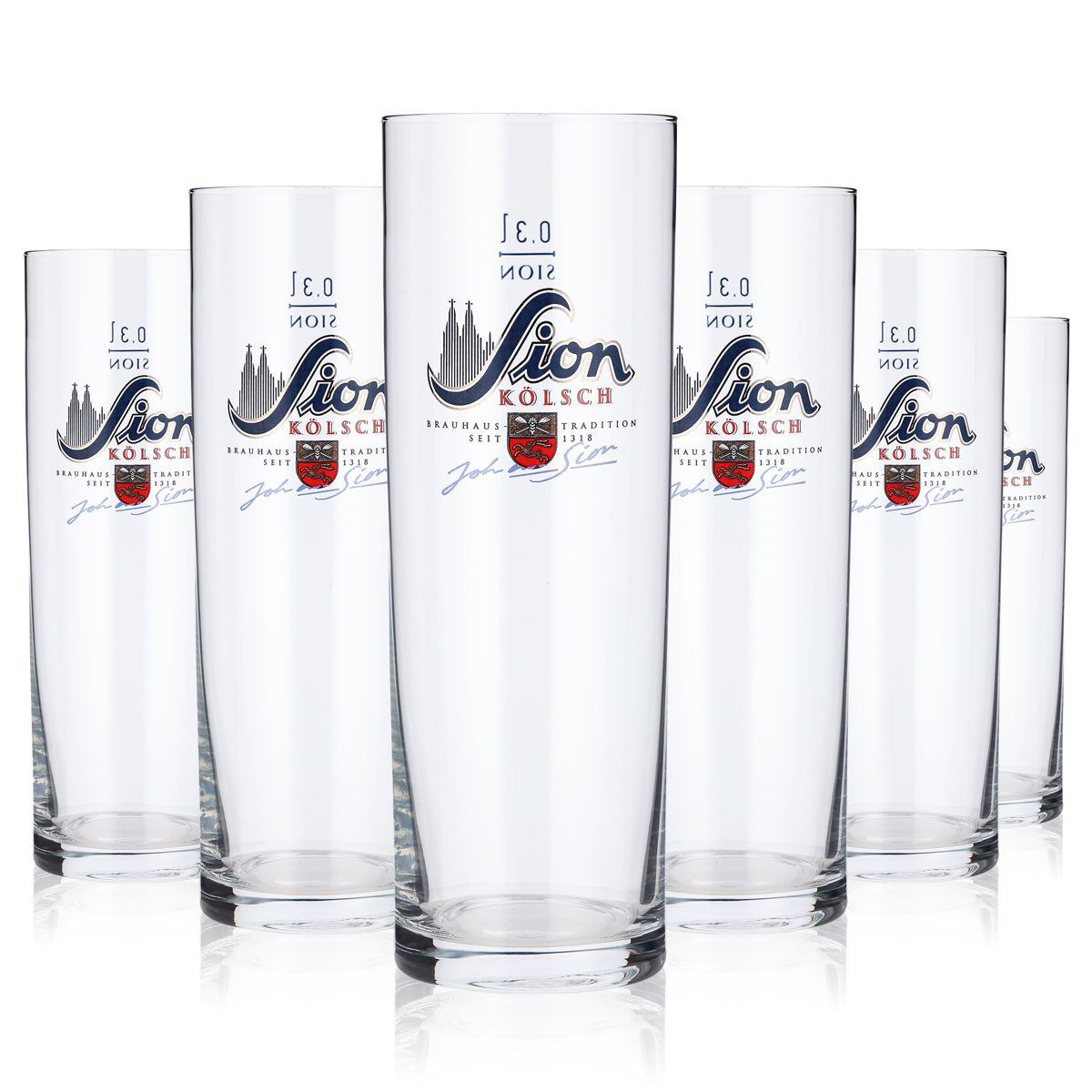 6 bicchieri da birra Sion da 0,3 l, modello Kölsch, con logo John Sion e motivo "Stange Kölner" (set da 6)