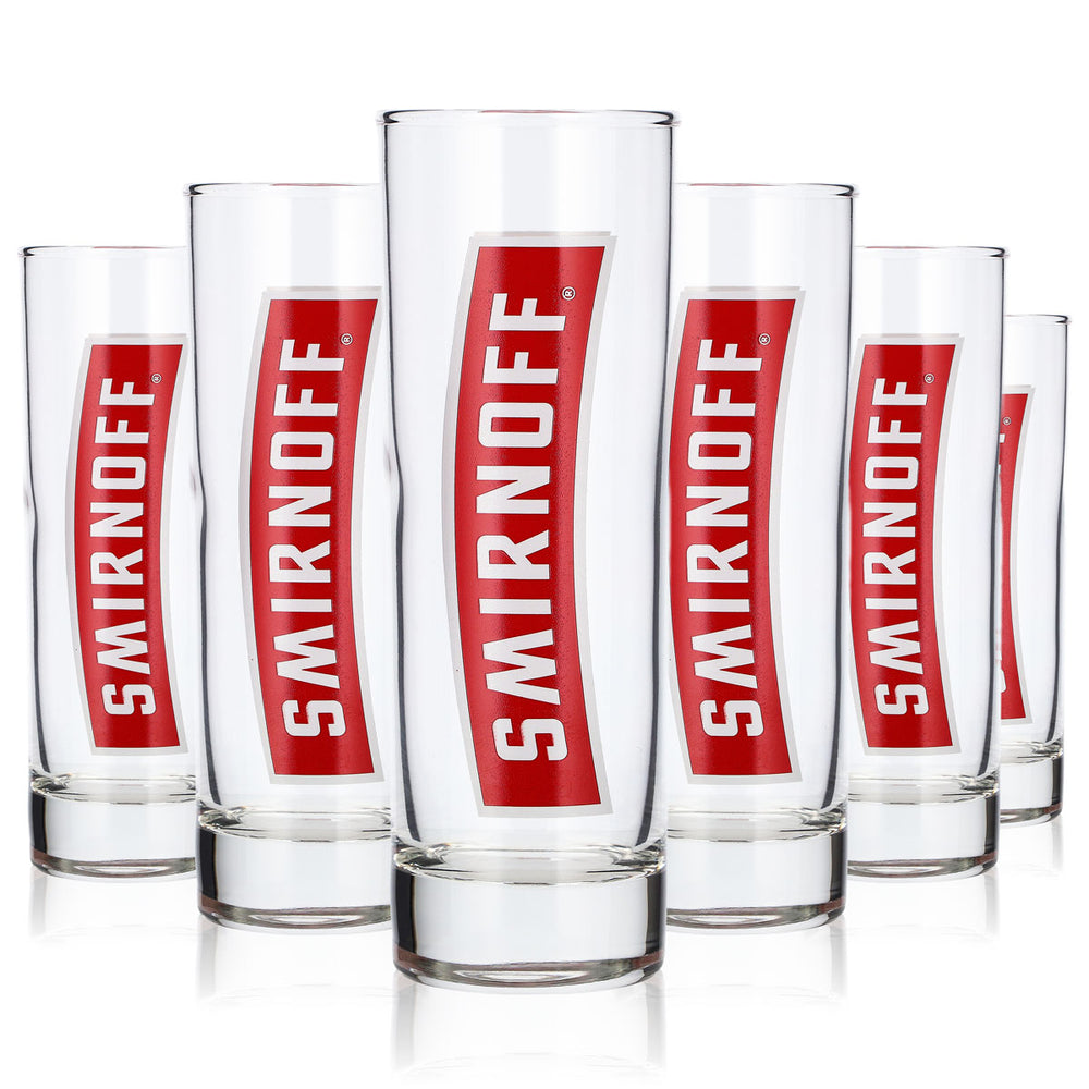 6 bicchieri da vodka Smirnoff da 0,22 l, bicchieri da long drink con logo rosso in verticale (set da 6)