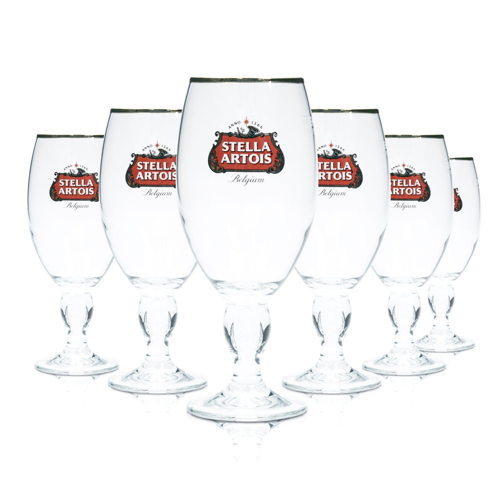 6 bicchieri da birra Stella Artois 0,33 l, forma a tulipano, bordo dorato, stelo di design, bar
