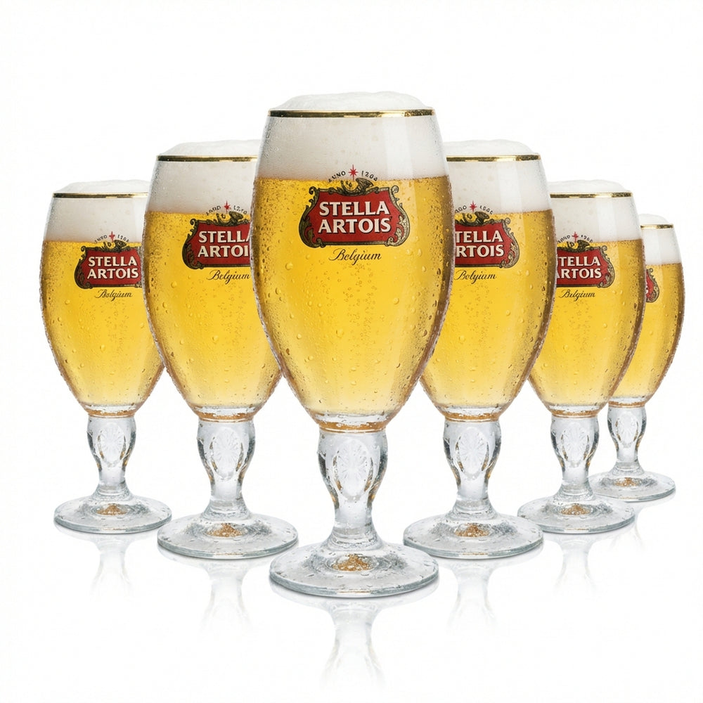 6 bicchieri da birra Stella Artois 0,5 l, forma a tulipano con bordo dorato e stelo di design