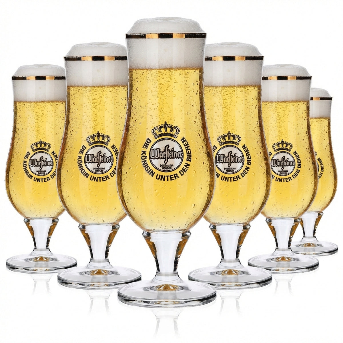 6 bicchieri da birra Warsteiner 0,25 l, forma a calice con bordo dorato