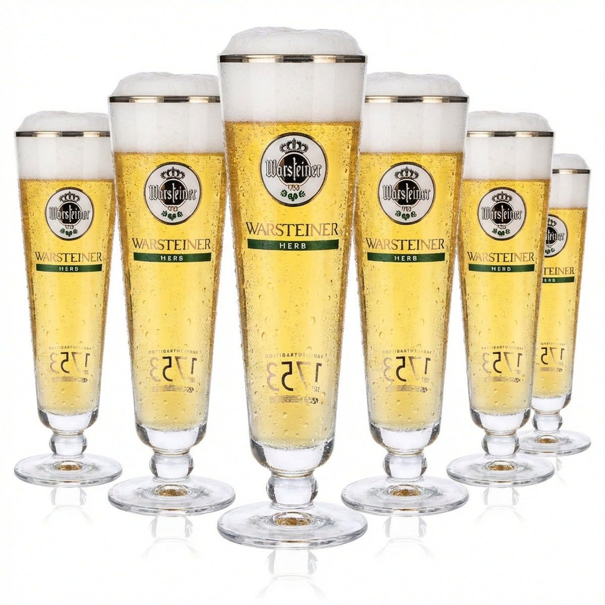 6 bicchieri da birra Warsteiner 0,2 l a calice con logo bianco "Herb" e bordo argentato