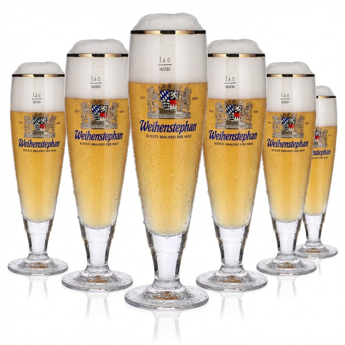 6 bicchieri Weihenstephan 0,4 l, forma Pilstulpe, bordo dorato, set di bicchieri da birra per la ristorazione