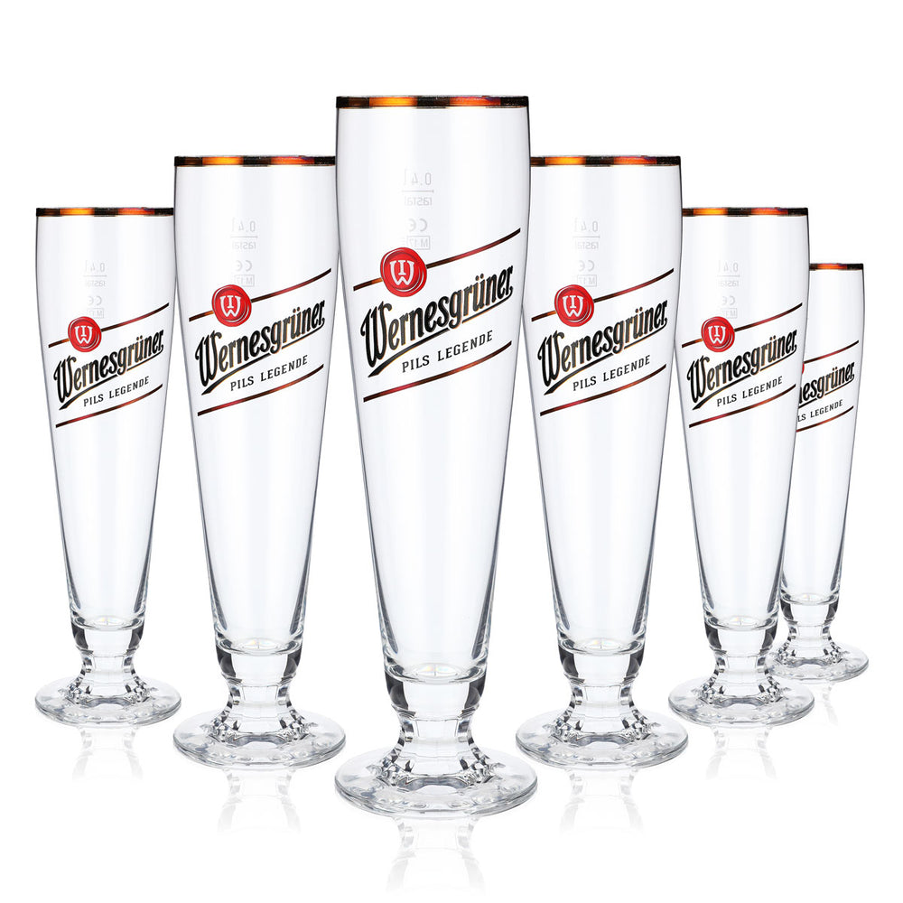 6 bicchieri da birra Wernesgrüner Bicchieri da birra a calice 0,4 l con bordo dorato Tulipano