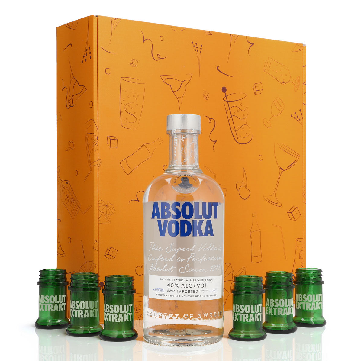Absolut Vodka Geschenkset 0,7l Flasche 40 % Vol. + Shotgläser Extrakt–Orange