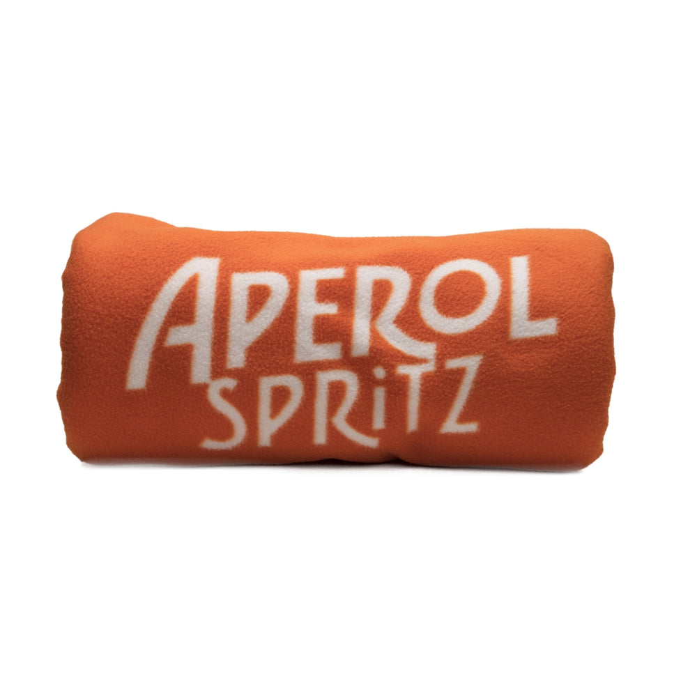 Coperta Aperol Aperitif arancione con bottiglie e logo, coperta termica invernale in pile