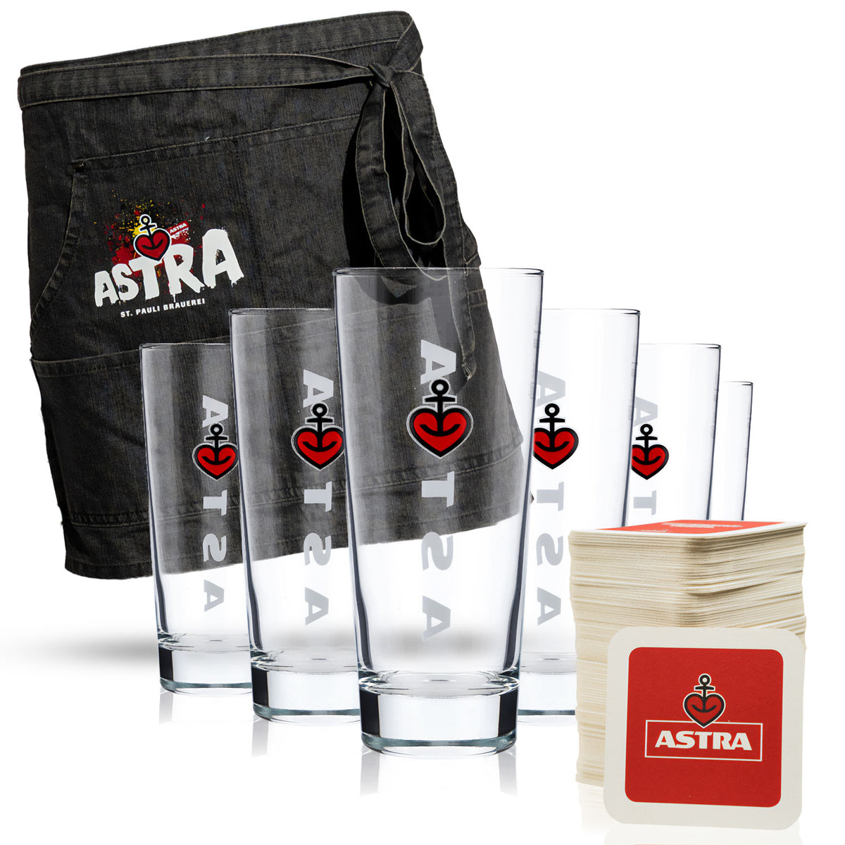 Set Astra Bier Bar composto da sottobicchieri, bicchieri da birra e grembiule da barbecue