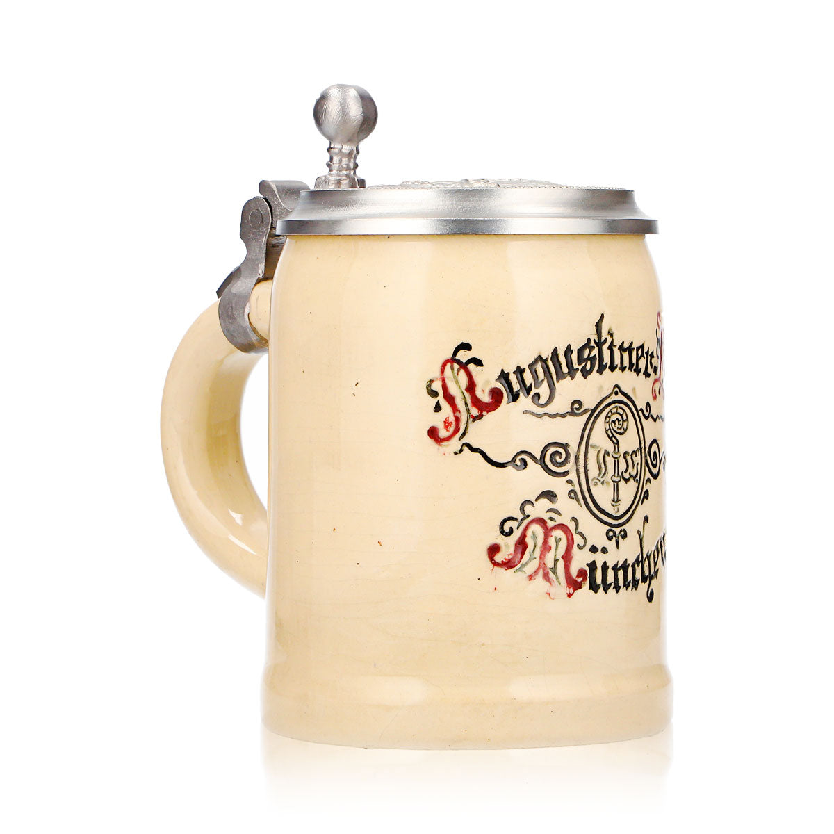 Bicchiere da birra Augustiner, boccale in terracotta da 0,4 l con coperchio in stagno, rilievo "Monaco di Baviera", terracotta originale