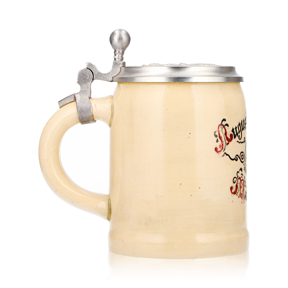 Bicchiere da birra Augustiner, boccale in terracotta da 0,4 l con coperchio in stagno, rilievo "Monaco di Baviera", terracotta originale – Vista 3