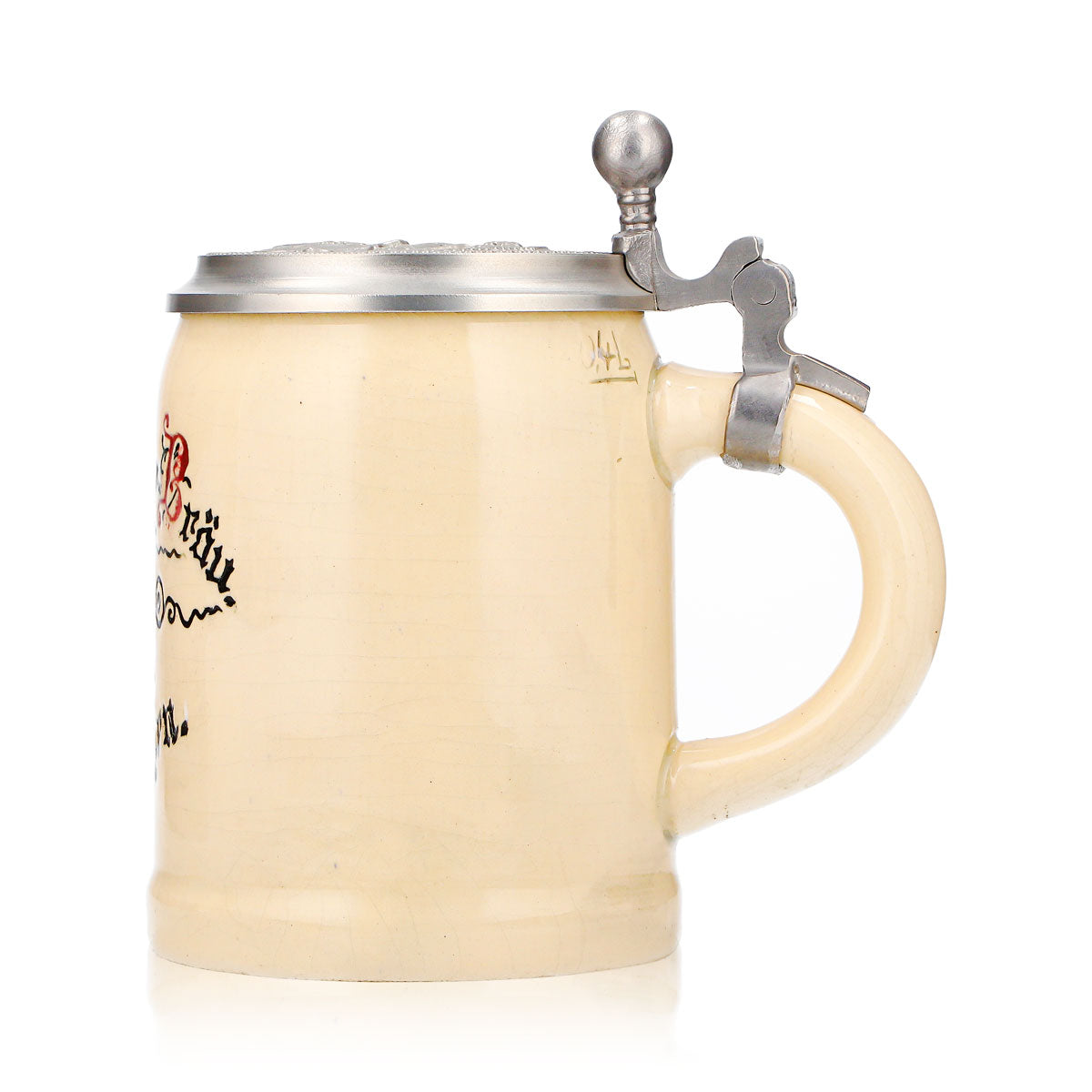 Bicchiere da birra Augustiner, boccale in terracotta da 0,4 l con coperchio in stagno, rilievo "Monaco di Baviera", terracotta originale – Vista 5