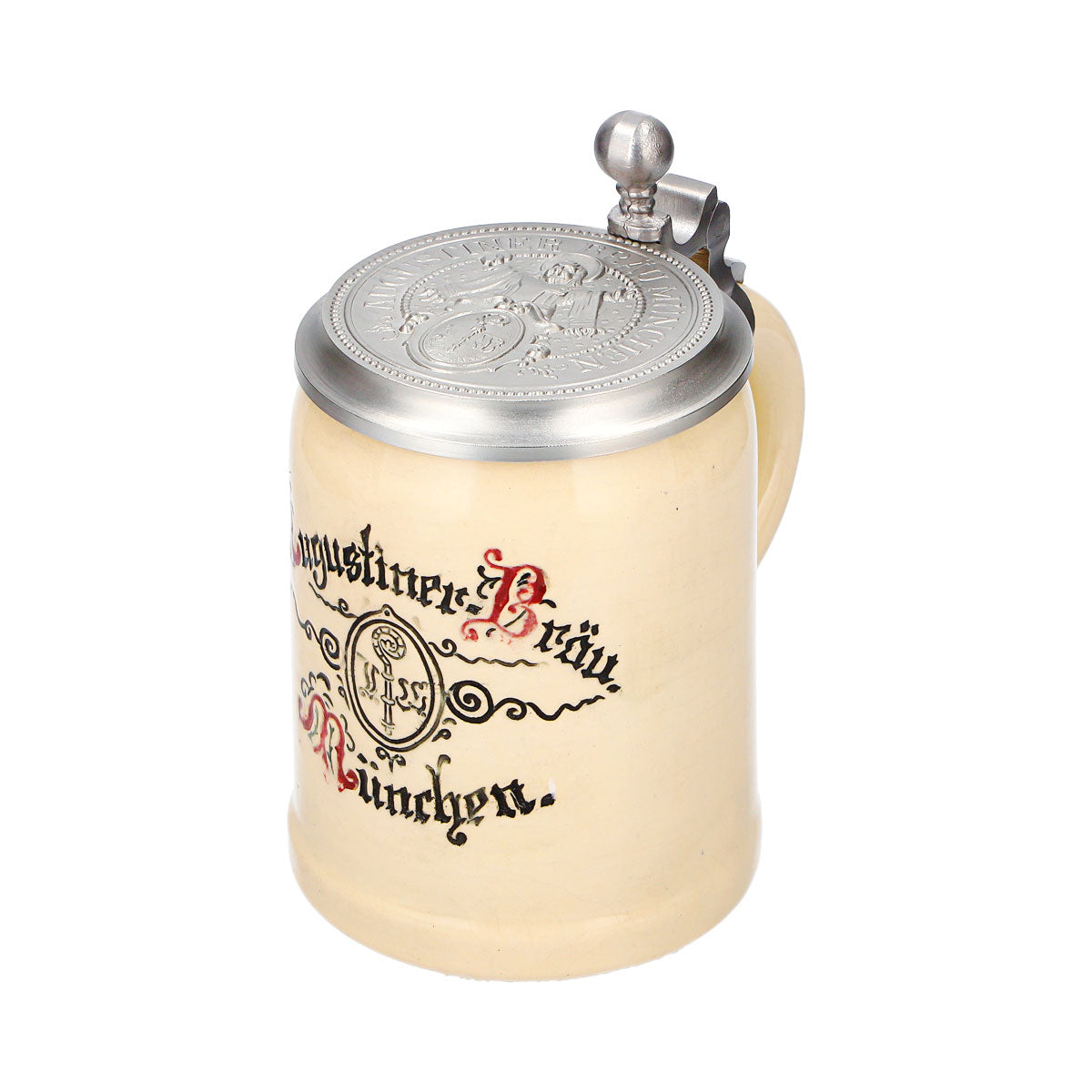Bicchiere da birra Augustiner, boccale in terracotta da 0,4 l con coperchio in stagno, rilievo "Monaco di Baviera", terracotta originale – Vista 6