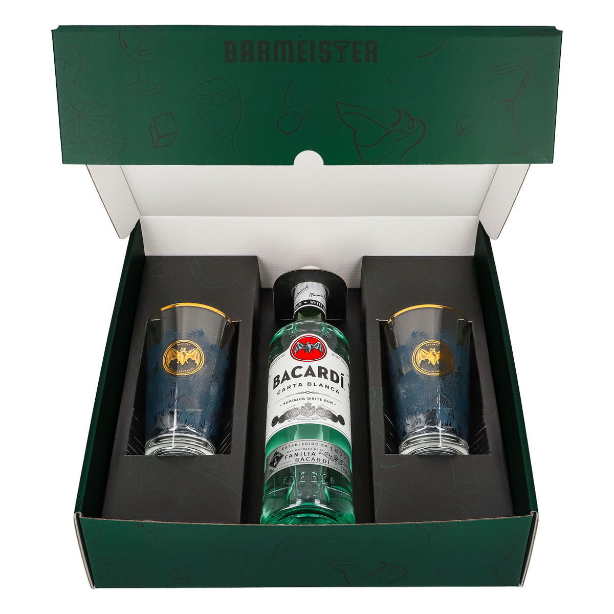 Bacardi Rum Geschenkset 0,7l Flasche 37,5 % Vol. + Longdrink Gläser Goldrand–grün – Ansicht 2